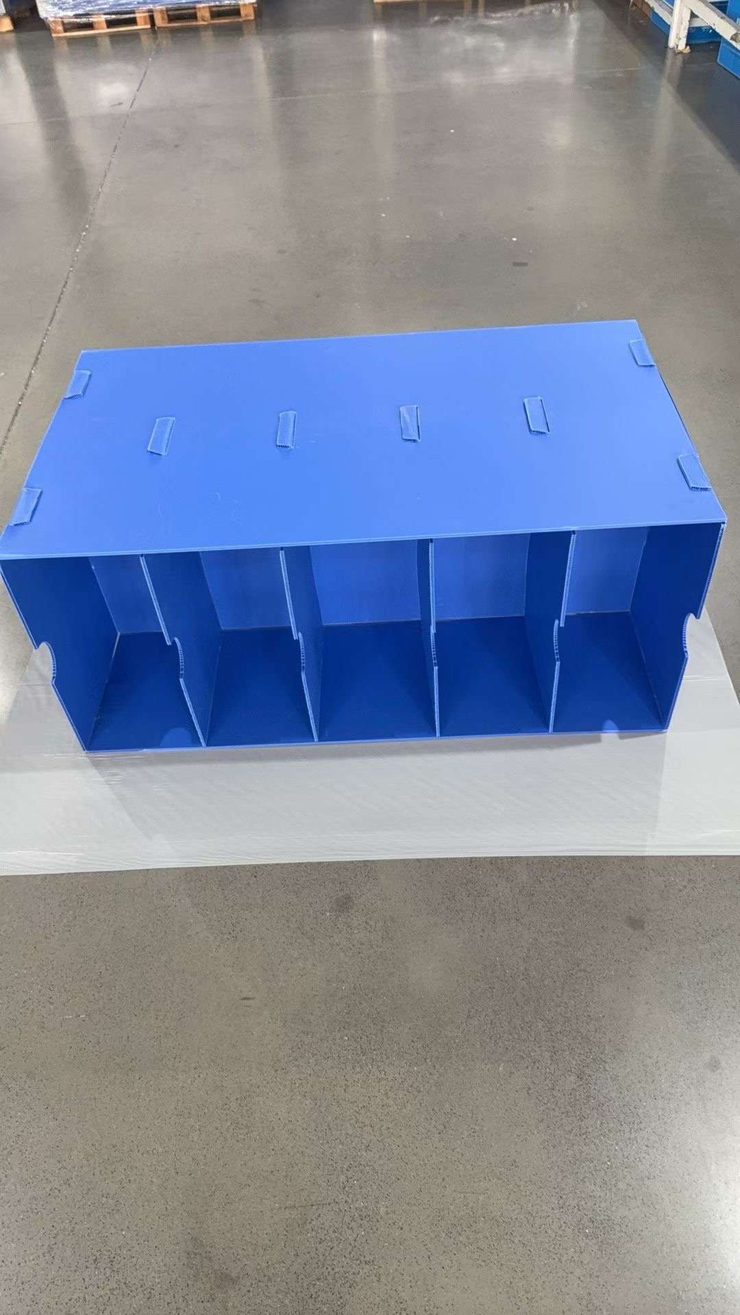 Blue PP corrugated box with internal divider compartments for organized product handling