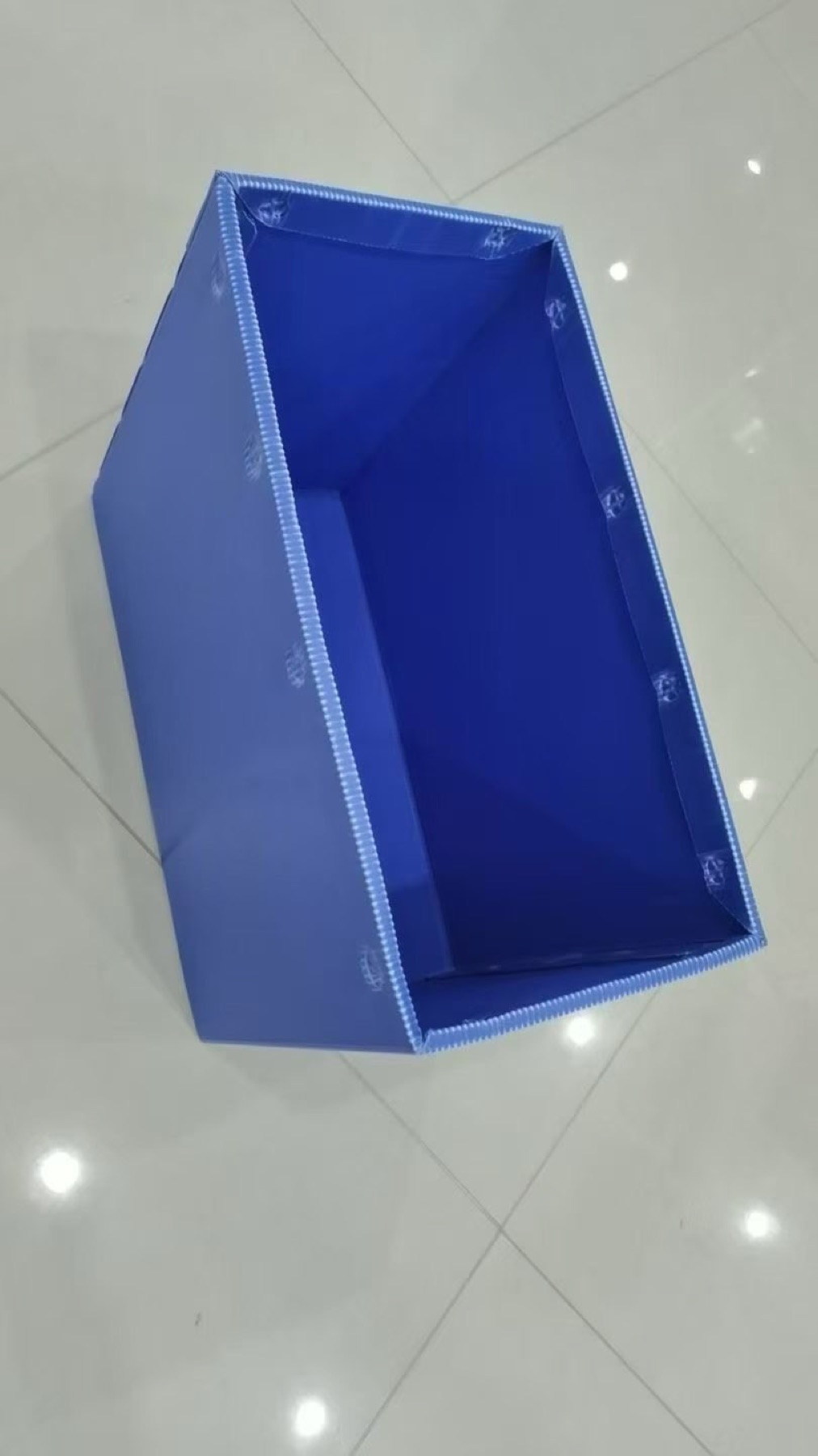 Open blue PP corrugated box showing the reusable interior structure