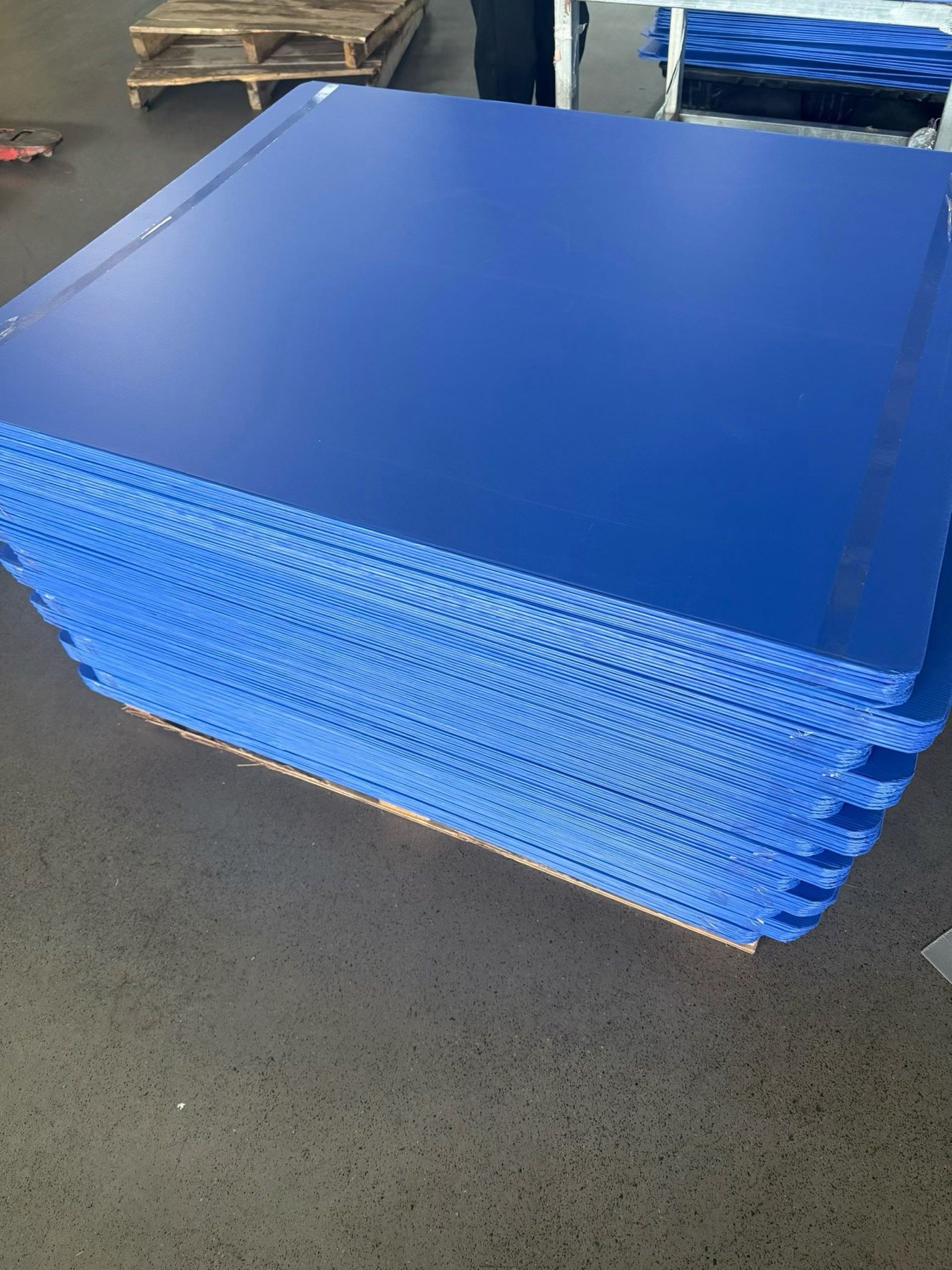 Stacked blue PP hollow sheet panels prepared for box production