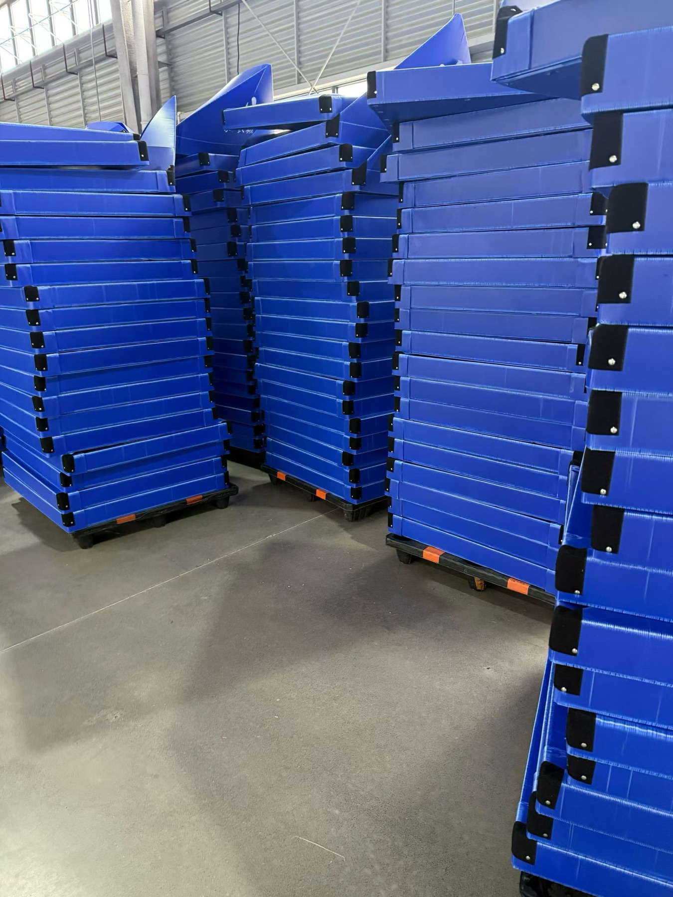 Blog | PP Sheet & Packaging Insights | Youqian Global Batch of blue reinforced PP corrugated divider boxes stacked on pallets